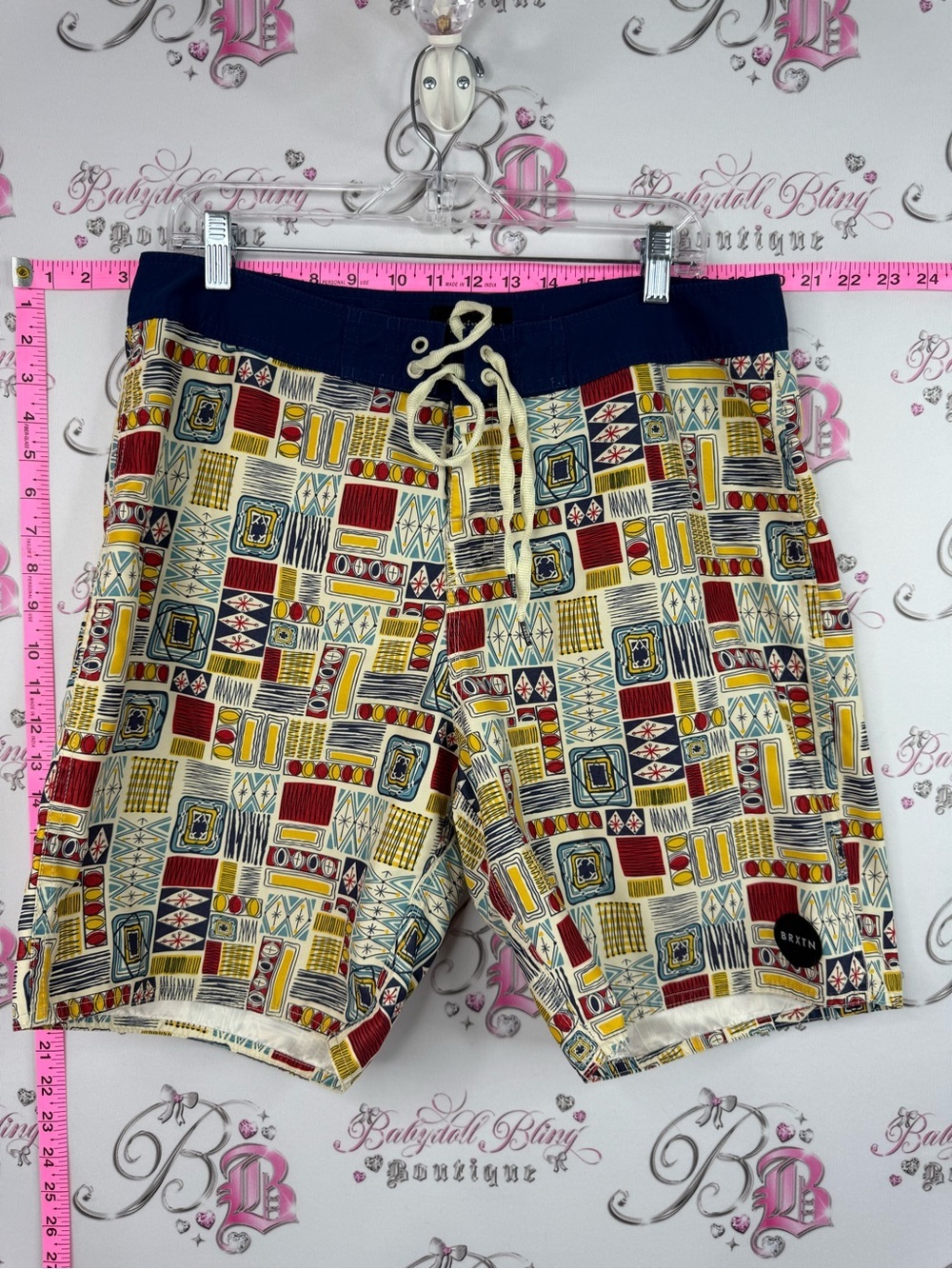Brixton shorts Multicolor Geometric Patchwork Swim Shorts with Navy Waistband